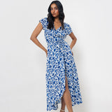 Vestido Cruzado Estampado Azul